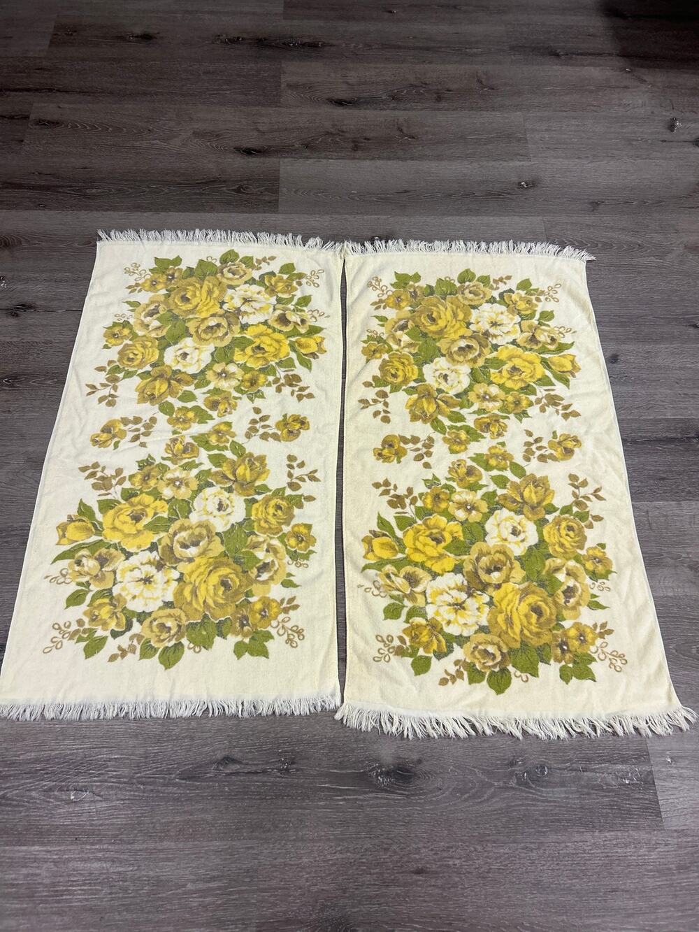 Vintage 70s Sears Yellow Rose Floral Fringe Towels Set of 2 As-Is 39x21